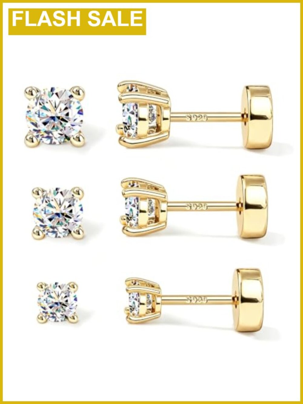 14K Gold Plated Cubic Zirconia Stud Earrings Set - 925 Sterling Silver Flat